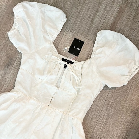 NWT Forever 21 Linen Puff Sleeve White Mini Dress Size Medium - Picture 5 of 9